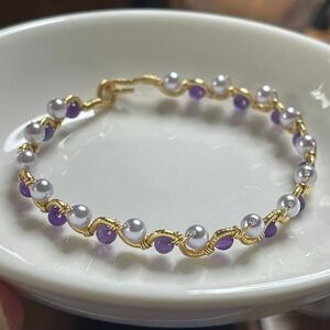 Rebekah bangle bracelet 7” gold copper core lavender purple shell beads pearls a